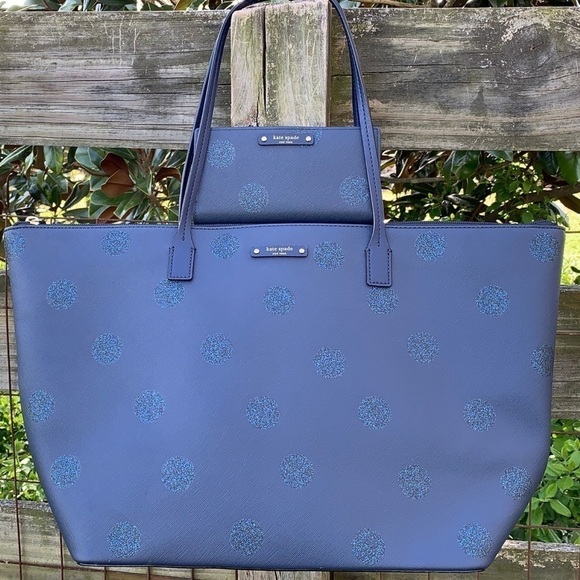Kate Spade ♠️ Navy Blue Dot 🔵 Tote Bag Wallet Set - Picture 2 of 7